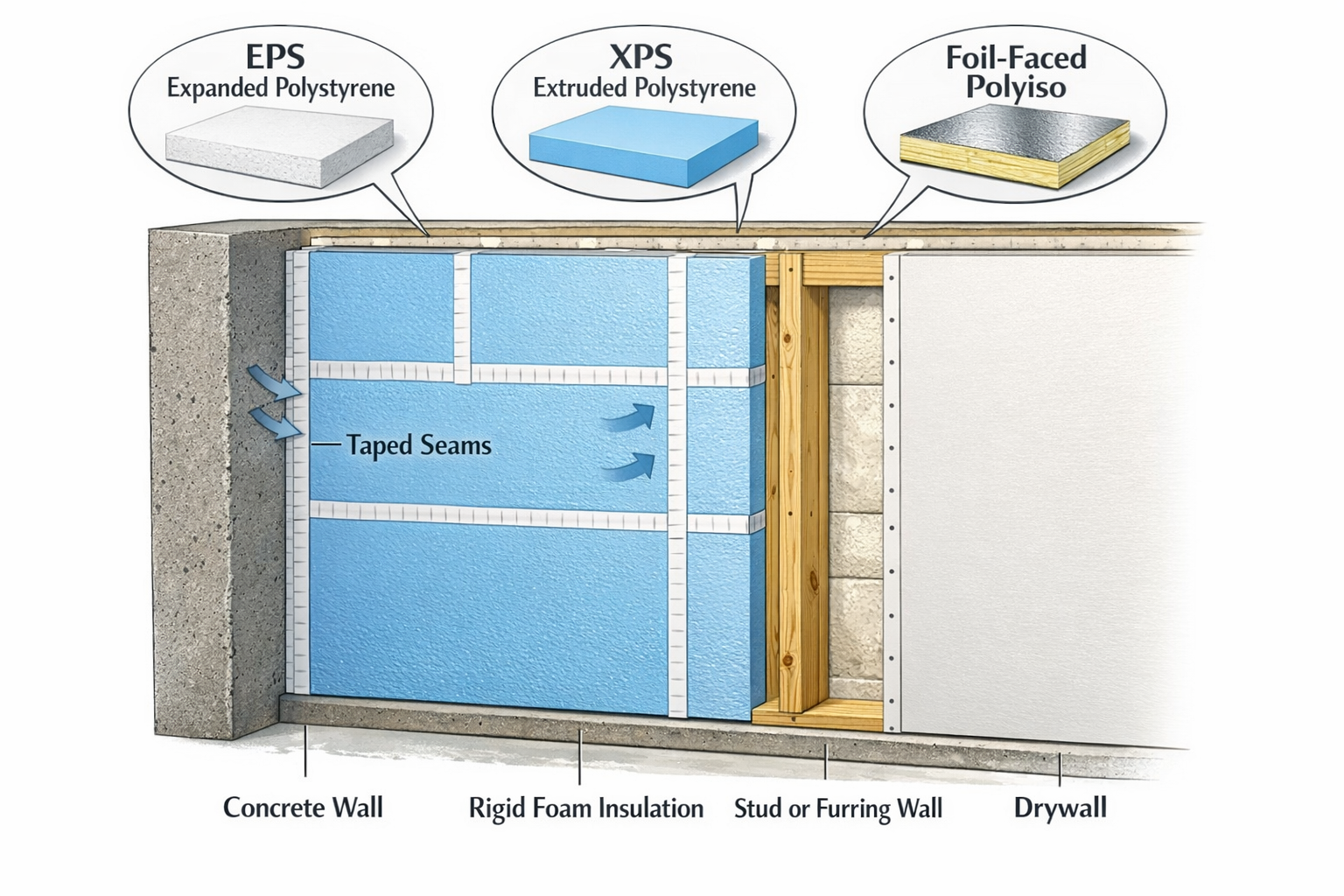 Cutaway showing basement wall with rigid foam boards, furring, and drywall layers