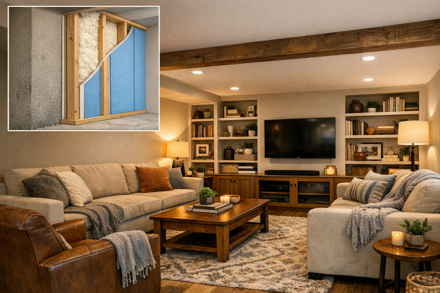Finished basement family room with implied insulated exterior wall